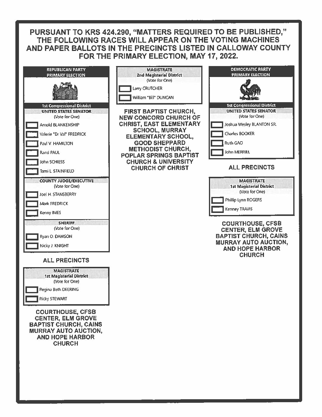 2022 Ballot | Calloway County KY Clerk