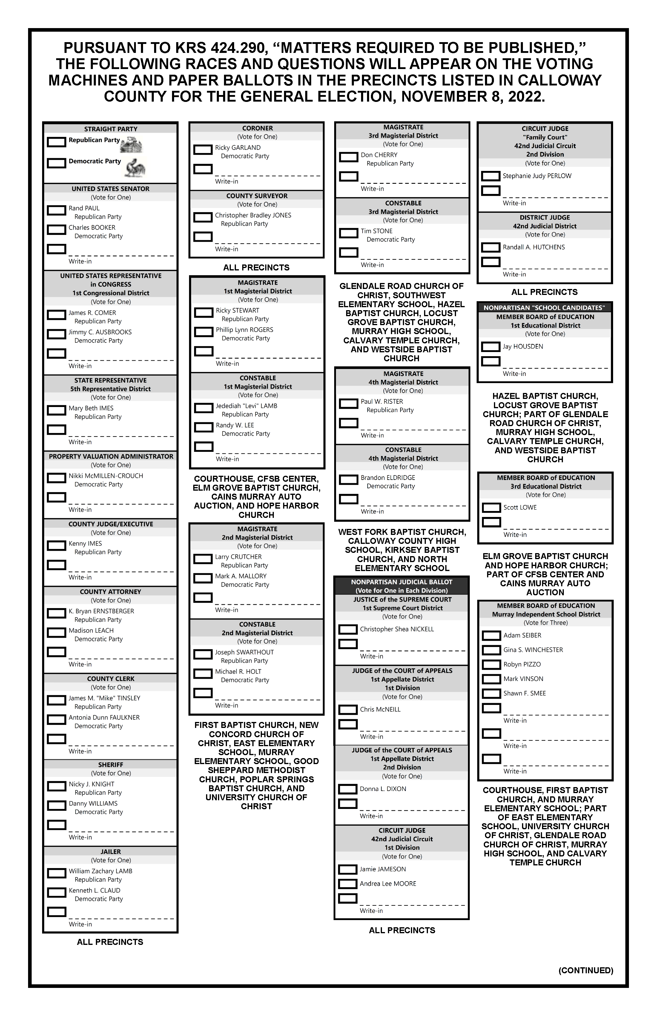 2022 Ballot Calloway County KY Clerk